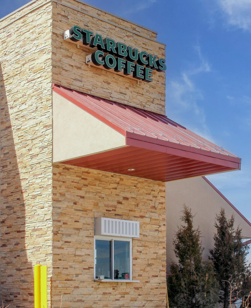 stacked stone on exterior of starbucks building